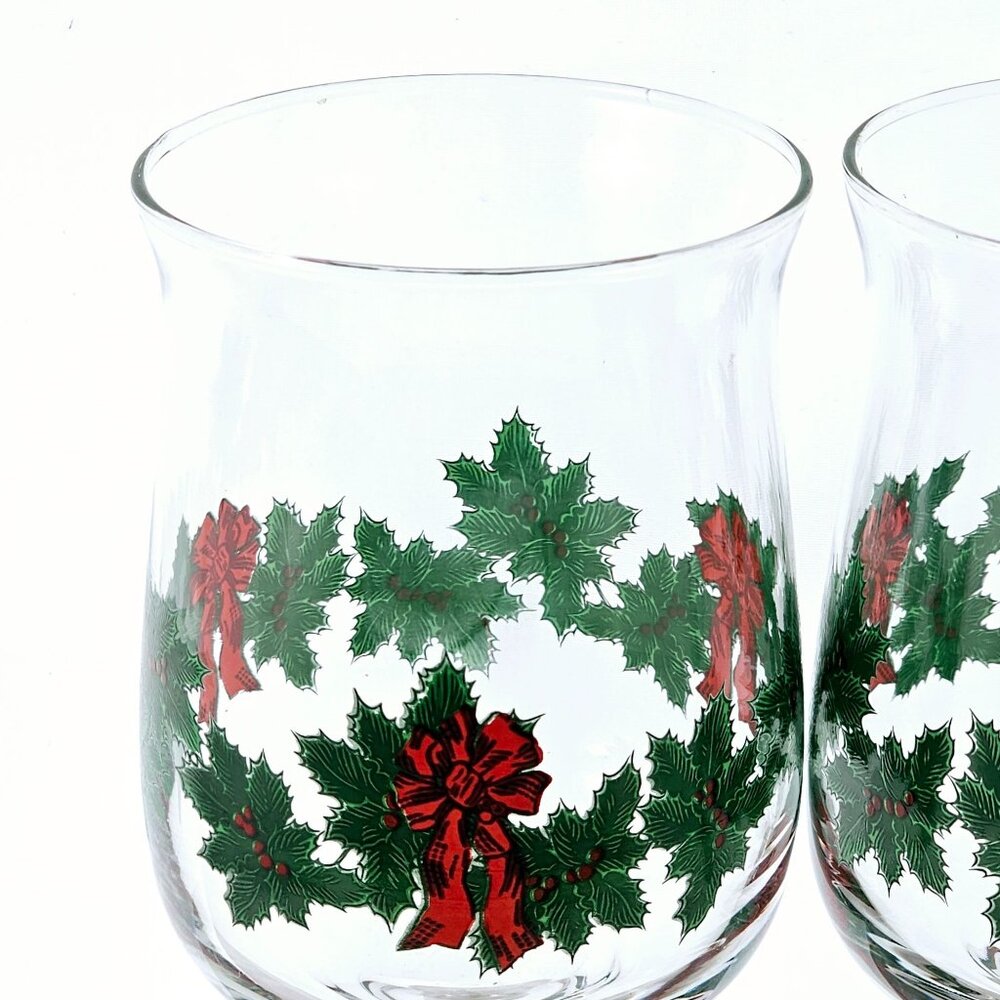 Libbey Christmas Holly Red Bows Water Wine Glasses 6.25" set/2 fluffy greenery - Picture 4 of 9